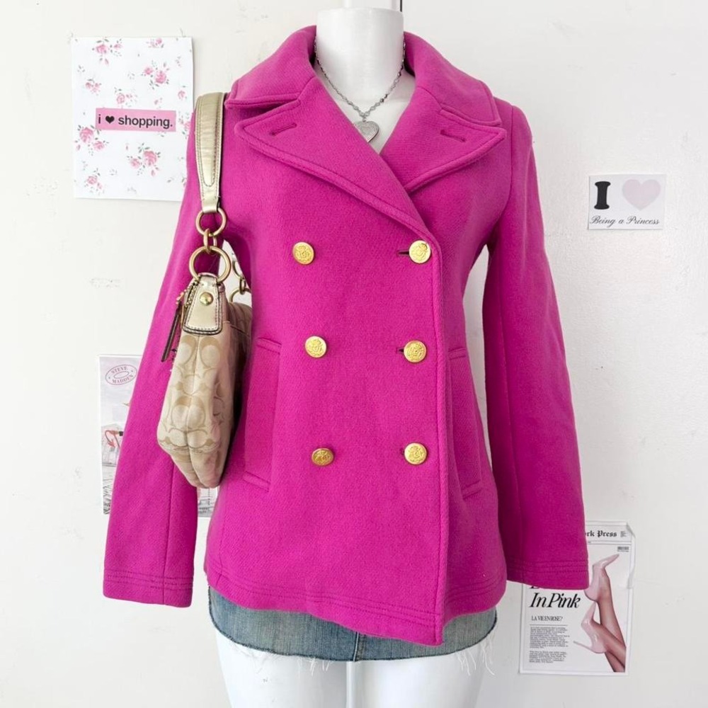 Y2K Hot Pink Wool Peacoat — J.Crew Stadium Cloth / 2000s Gossip Girl Coat